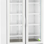 A white, upright laboratory refrigerator with double glass doors, visible interior shelves, digital temperature display on top, and ventilation grilles at the bottom. The brand American BioTech Supply is labeled on the upper left.