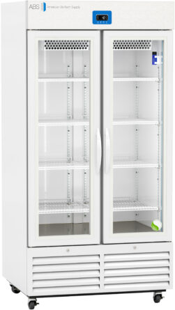 A white, upright laboratory refrigerator with double glass doors, visible interior shelves, digital temperature display on top, and ventilation grilles at the bottom. The brand American BioTech Supply is labeled on the upper left.