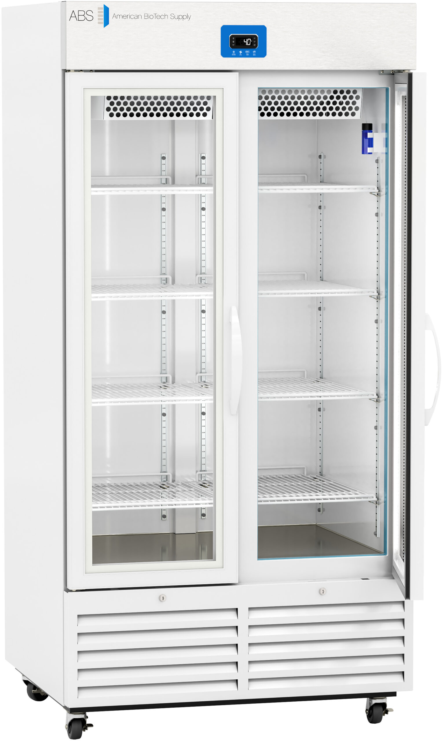 A large, white, upright commercial refrigerator with a digital display, glass sliding doors, multiple adjustable wire shelves, and ventilation grilles at the bottom, standing on wheels for mobility. The interior is empty and well-lit.