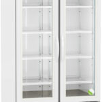 A large, white, upright medical refrigerator with two glass doors, digital temperature display reading 4.0°C, and multiple adjustable wire shelves inside. The unit stands on wheels and has ventilation grilles at the bottom. The refrigerator is empty.