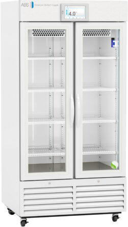 A large, white, upright medical refrigerator with two glass doors, digital temperature display reading 4.0°C, and multiple adjustable wire shelves inside. The unit stands on wheels and has ventilation grilles at the bottom. The refrigerator is empty.