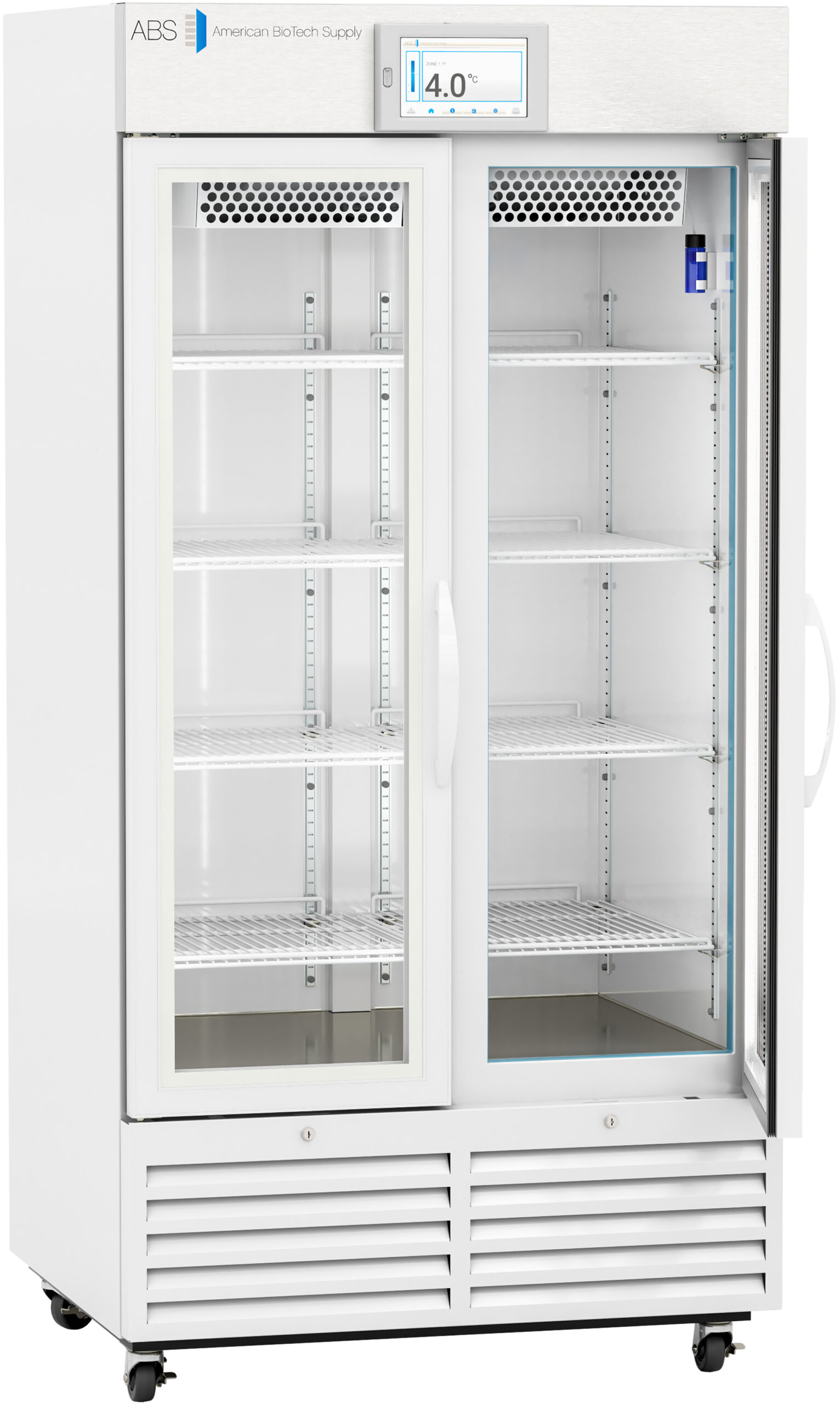 A commercial laboratory refrigerator with two transparent glass doors, white exterior, and digital temperature display reading 4.0°C. Inside are several adjustable white wire shelves. The unit is on wheels and has vented panels at the bottom.