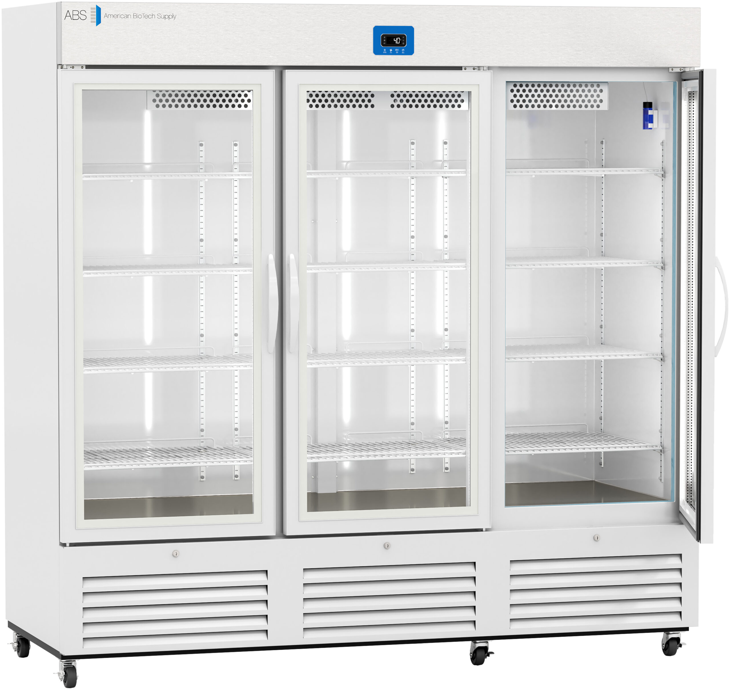A large, white, three-door laboratory refrigerator with glass doors, interior shelves, and a digital temperature display on top. The brand logo ABS appears on the upper left. The unit has lower ventilation grills and caster wheels for mobility.
