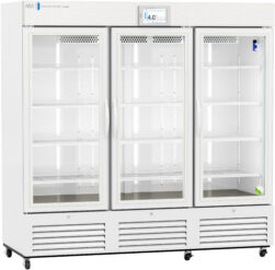 A large, white, three-door medical refrigerator with glass doors, interior shelves, a digital temperature display showing 4.0°C, and ventilation grills at the bottom. The refrigerator is empty and stands on wheels for mobility.