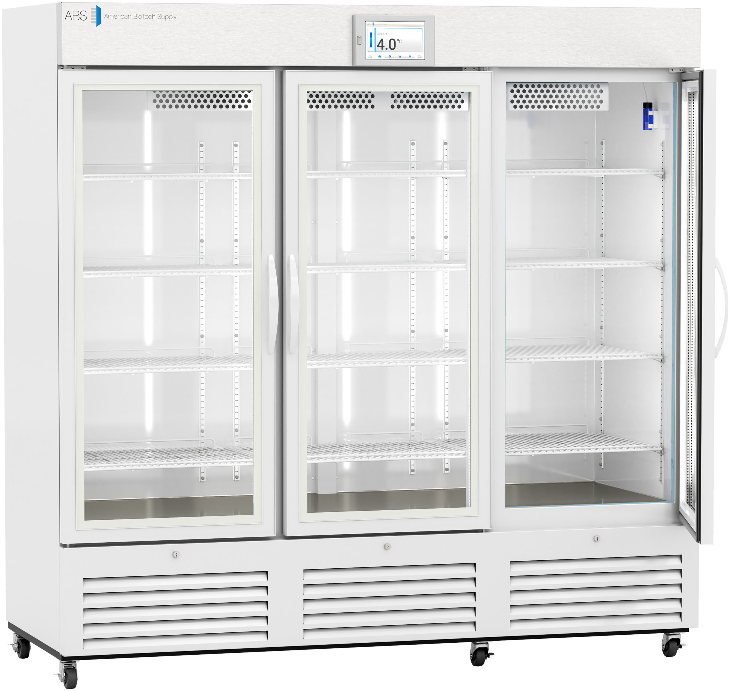 A large, white, commercial refrigerator with three glass doors, interior shelves, and a digital temperature display showing 4.0°C. The unit has metal handles, vents at the bottom, and bright interior lighting, with all shelves currently empty.