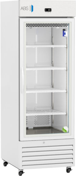 A tall, white commercial refrigerator with a glass door, labeled ABS at the top. It has five white wire shelves inside, a digital temperature display above the door, and ventilation panels at the bottom. The fridge is empty and stands on small wheels.