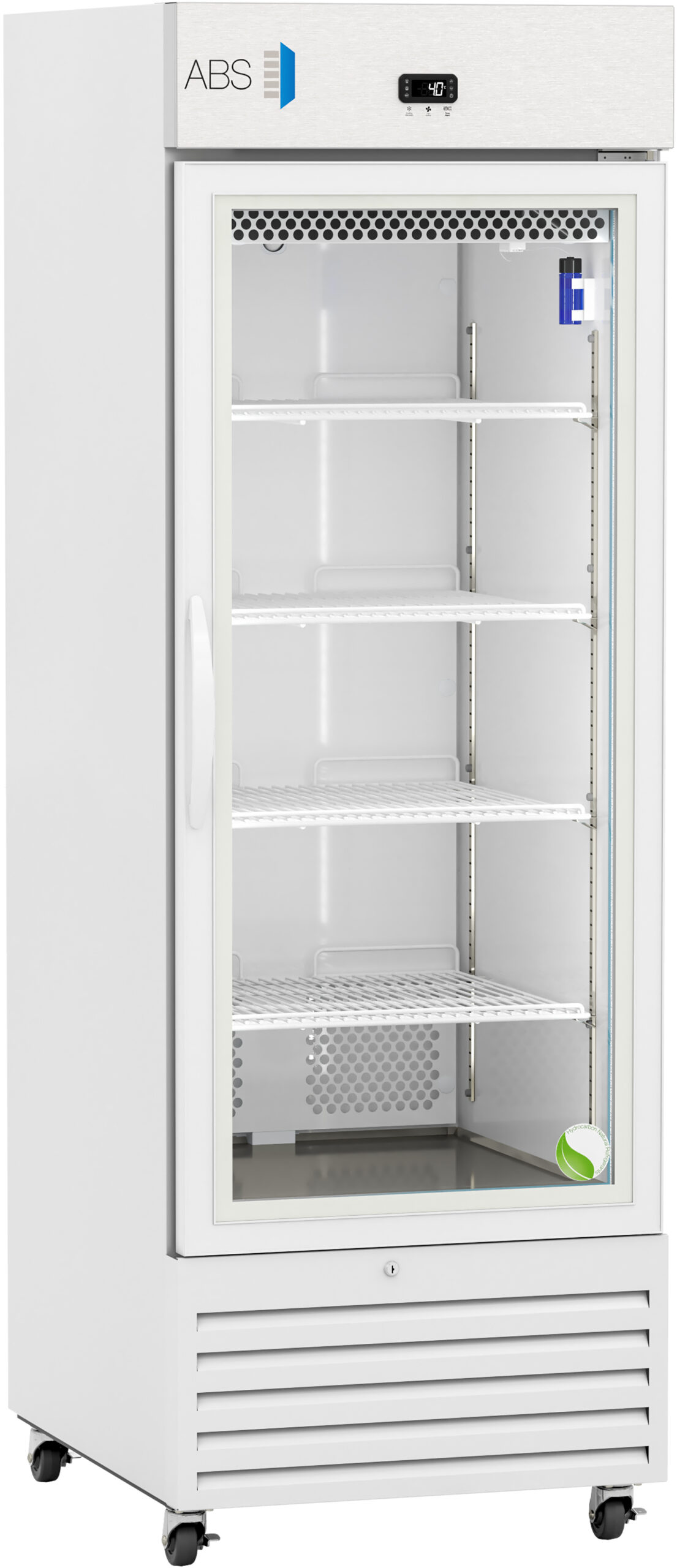 A tall, white commercial refrigerator with a glass door, labeled ABS at the top. It has five white wire shelves inside, a digital temperature display above the door, and ventilation panels at the bottom. The fridge is empty and stands on small wheels.