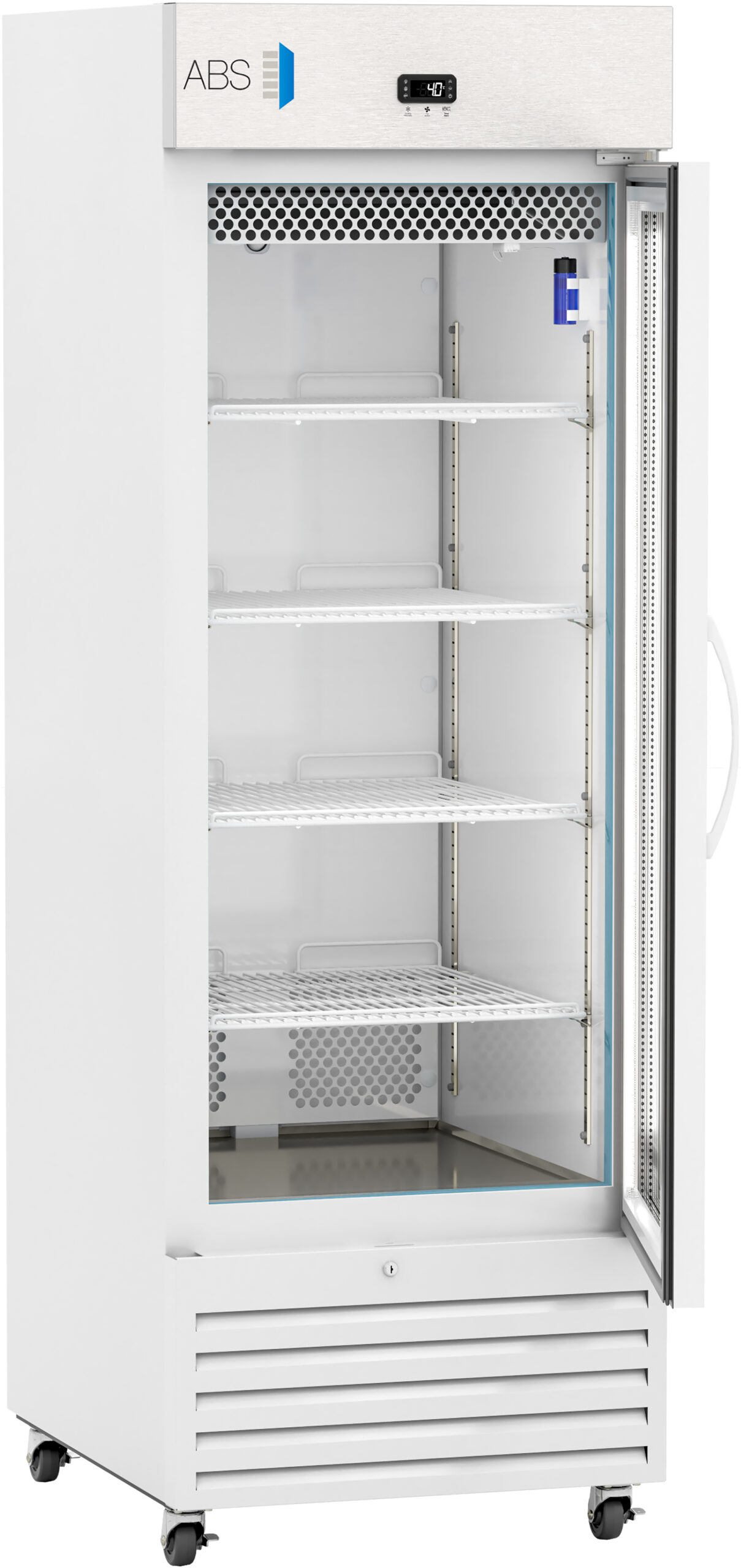 A tall, white laboratory refrigerator with a glass front door stands open, revealing five empty metal shelves inside. The unit has a digital temperature display on top, vents at the bottom, wheels, and the ABS logo on the upper left corner.
