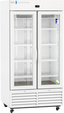 A white, upright laboratory refrigerator with double glass doors, metal shelves, and a digital temperature display on top. The unit is on wheels and labeled “ABS American BioTech Supply.” The interior is empty and brightly lit.