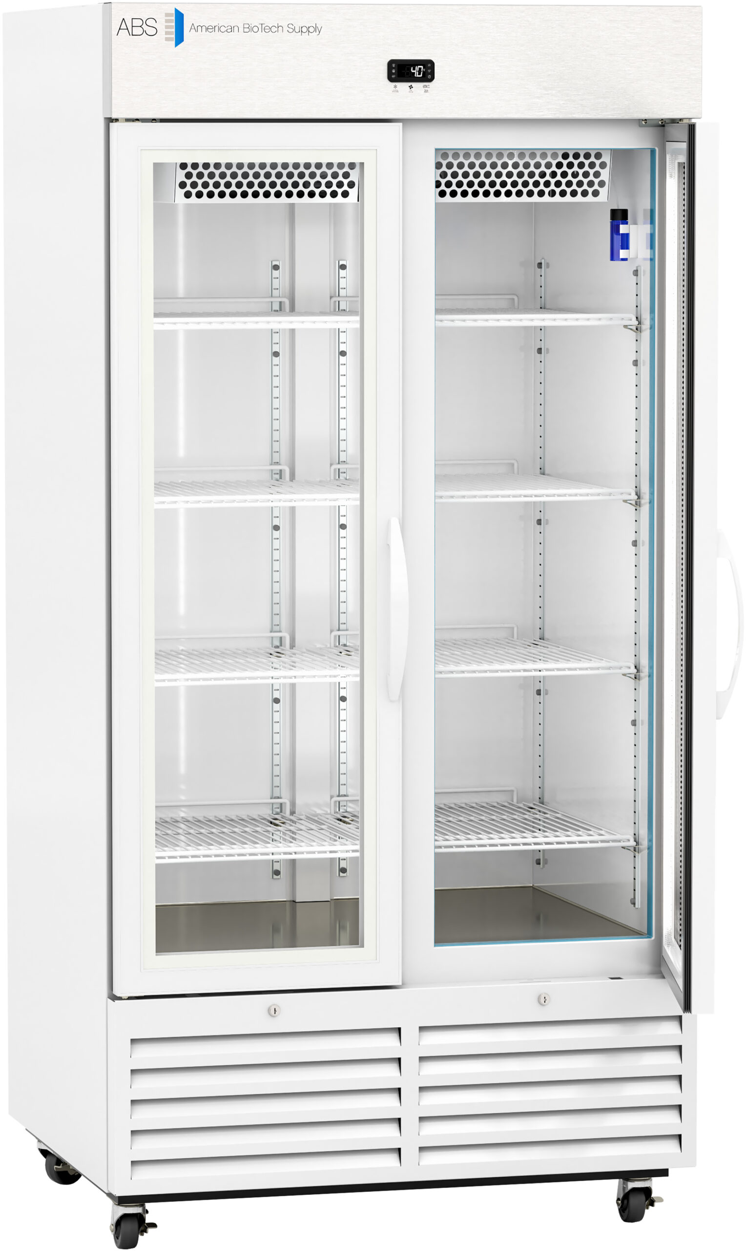 A white, upright, double-door laboratory refrigerator by American BioTech Supply, with glass doors, multiple adjustable wire shelves, a digital temperature display, and ventilation grilles at the bottom, standing on caster wheels. The interior is empty.