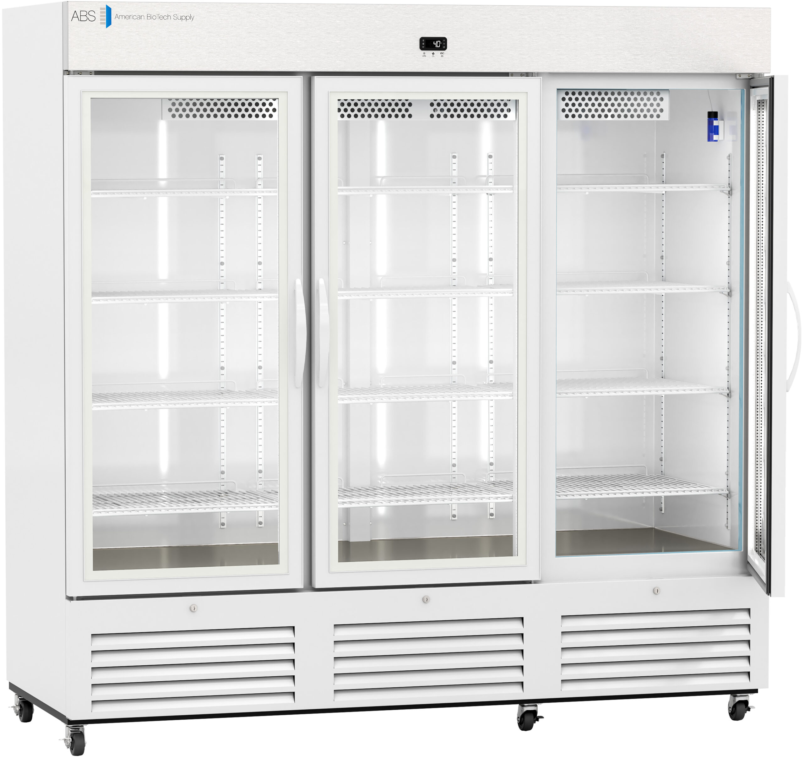 A large, white, commercial triple-door refrigerator with glass doors and multiple empty wire shelves. The unit has vertical handles on each door, a digital display at the top center, and ventilation grills along the bottom.