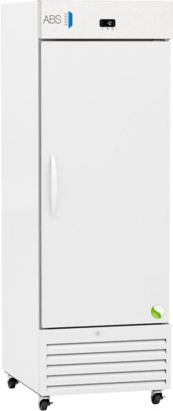A tall, white, single-door laboratory refrigerator stands on small wheels. The door features a vertical handle, a digital temperature display near the top, and the ABS logo. Vents are at the bottom, and a small green eco-friendly symbol is in the lower right corner.