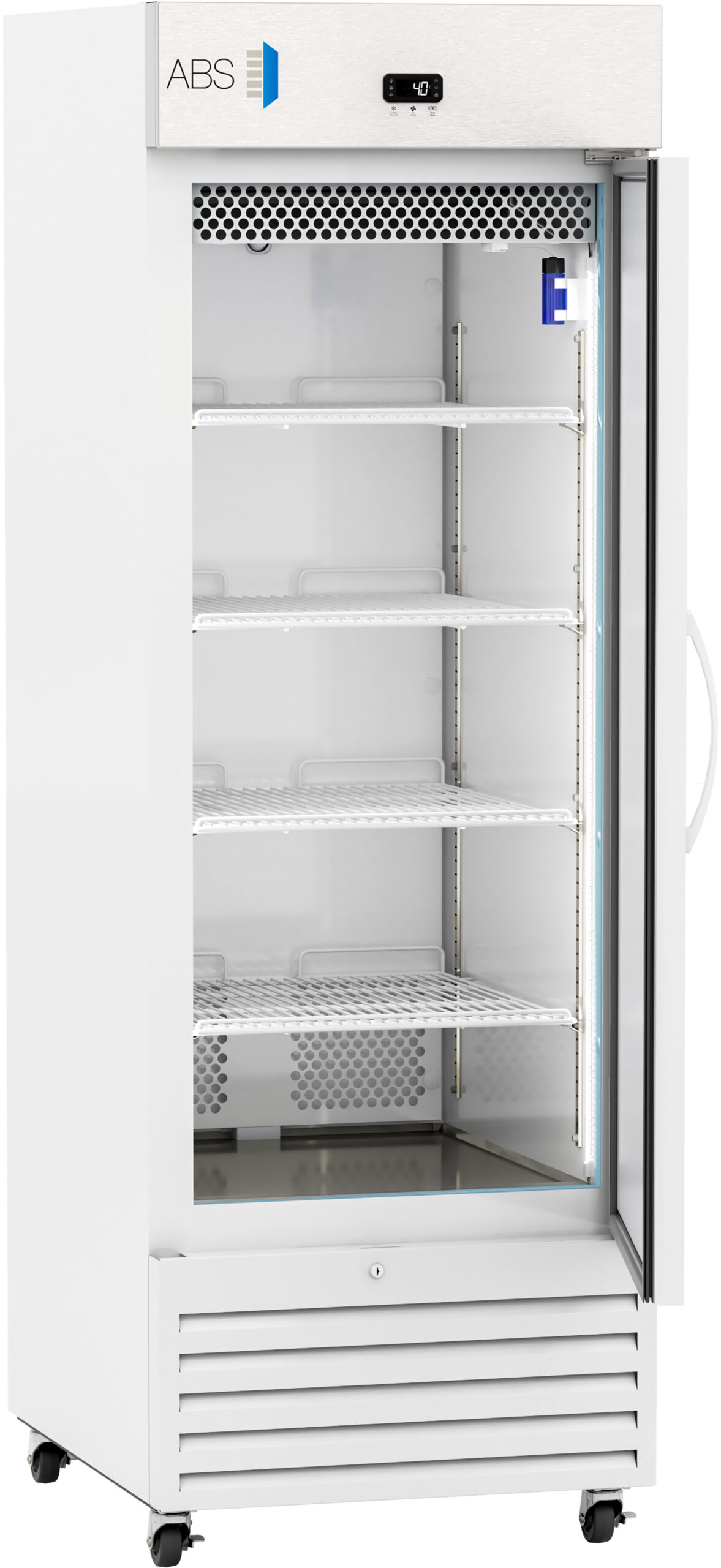 A tall, white, single-door commercial refrigerator with a glass front, digital temperature display, five wire shelves, and wheels on the bottom. The interior is empty, and the door is open, showing the shelving and a lit interior.