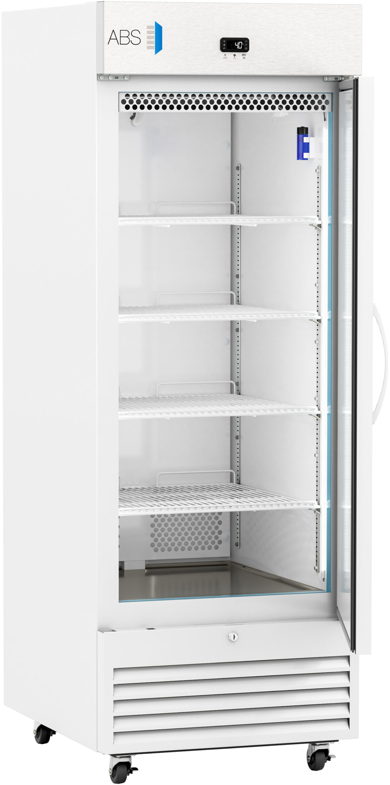 A tall, white laboratory refrigerator with a glass door ajar, five adjustable wire shelves, a digital temperature display at the top, and ventilation grilles at the bottom. The fridge is on wheels and has a handle on the door’s right side.