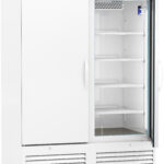 A large white laboratory refrigerator with two sliding doors, one solid and one glass. The interior has five adjustable wire shelves and is empty. The unit is on wheels, has vent grilles at the bottom, and a digital temperature display at the top.