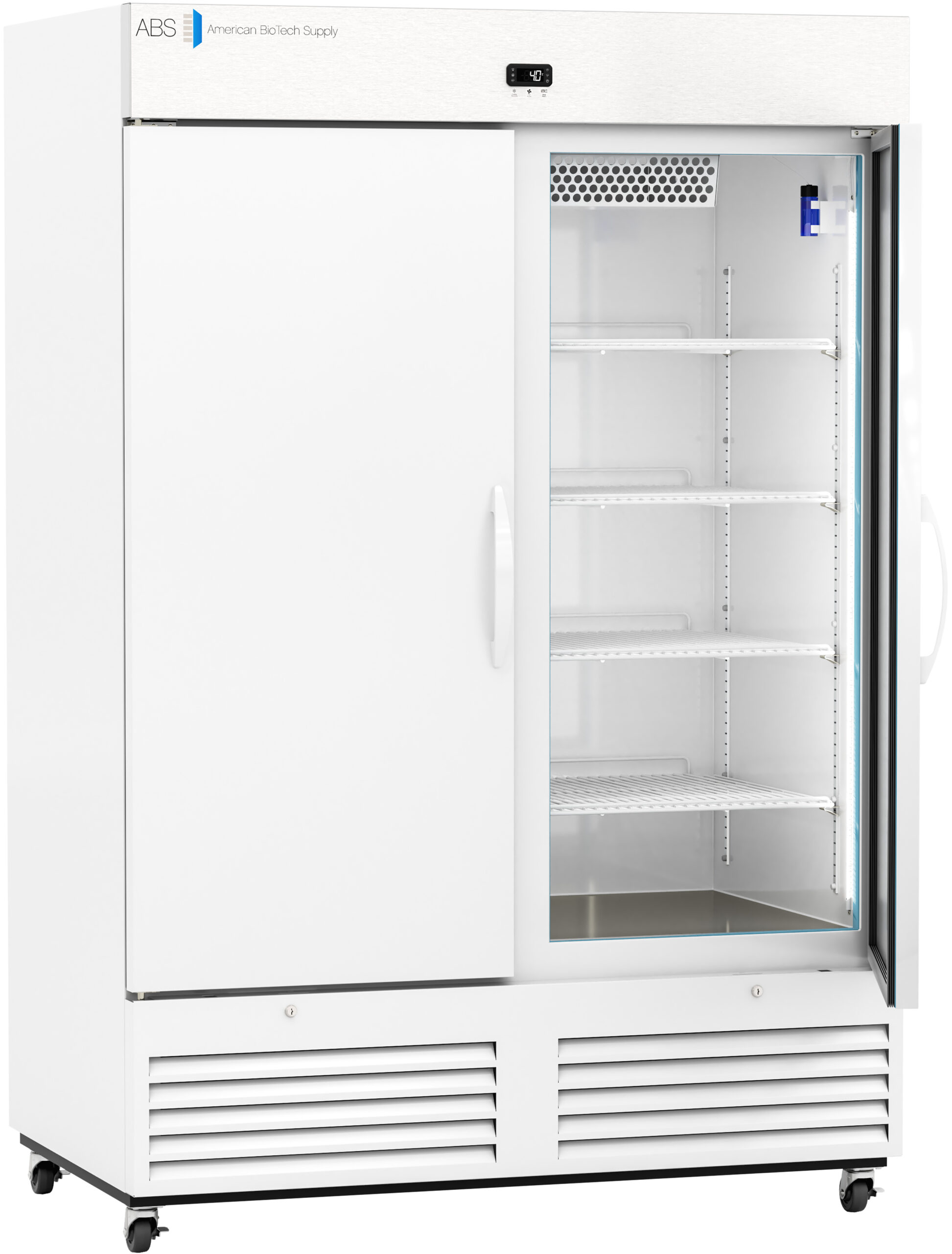 A large white laboratory refrigerator with two sliding doors, one solid and one glass. The interior has five adjustable wire shelves and is empty. The unit is on wheels, has vent grilles at the bottom, and a digital temperature display at the top.