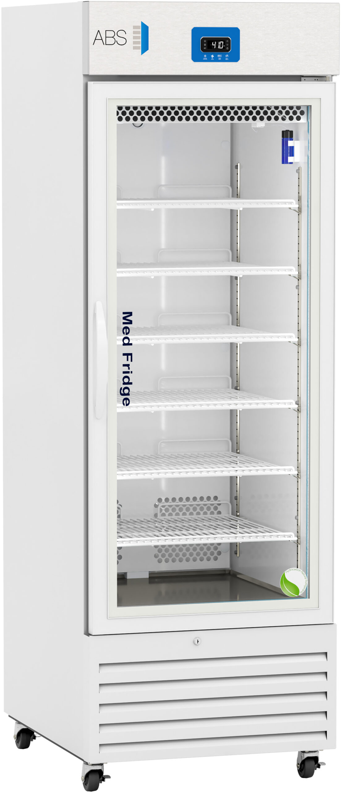 A tall, white medical refrigerator with a glass door showing seven empty shelves inside. The display panel at the top shows a digital temperature reading. The fridge is labeled “Med Fridge” on the side and stands on wheels.