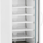 A tall, white medical refrigerator with a glass door is open, revealing seven empty wire shelves inside. The digital control panel above displays a temperature reading of 4.0°C. The unit stands on four small wheels and has a side handle.