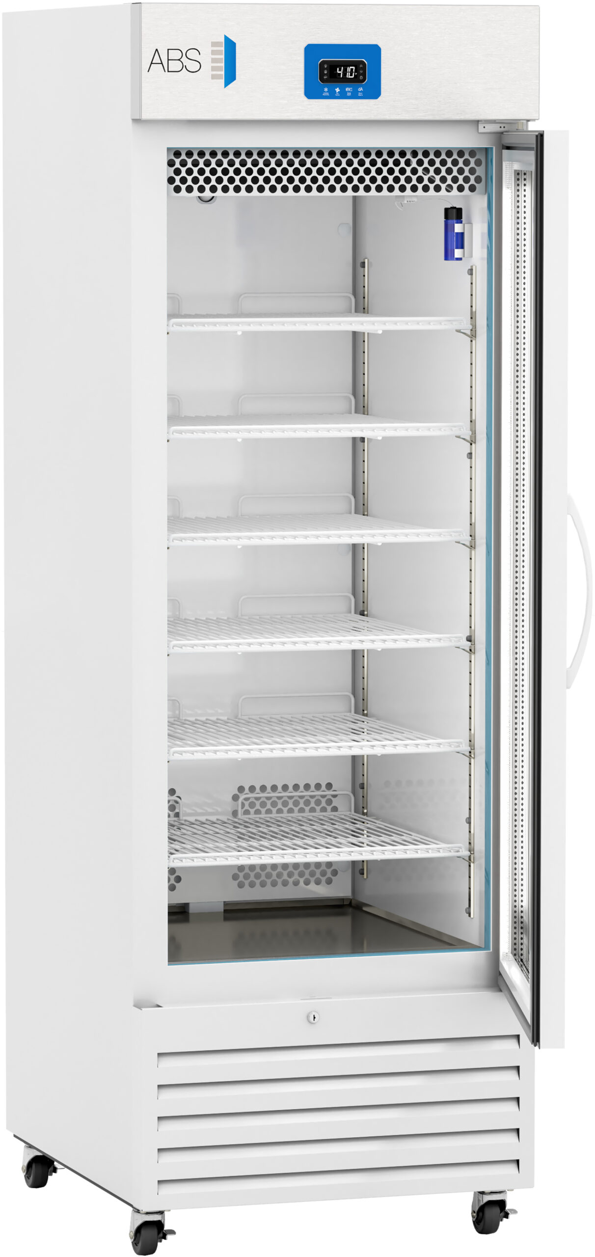 A tall, white medical refrigerator with a glass door is open, revealing seven empty wire shelves inside. The digital control panel above displays a temperature reading of 4.0°C. The unit stands on four small wheels and has a side handle.