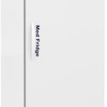 A tall, white, single-door laboratory refrigerator with a digital temperature display on the top front panel, labeled ABS and Med-Fridge. The fridge has a vertical handle, ventilation slots at the bottom, and is set on wheels for mobility.