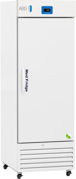A tall, white, single-door laboratory refrigerator with a digital temperature display on the top front panel, labeled ABS and Med-Fridge. The fridge has a vertical handle, ventilation slots at the bottom, and is set on wheels for mobility.