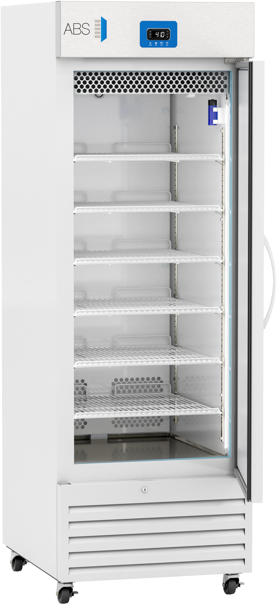 A tall, white laboratory refrigerator with a glass door, digital temperature display, and multiple empty wire shelves. The door is open, revealing the interior and shelves. The unit has wheels and ventilation grilles at the bottom.