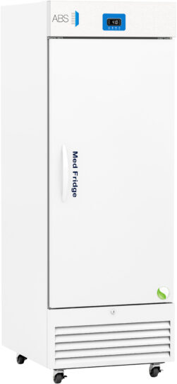 A tall, white medical refrigerator with a digital temperature display reading 3.4°C. The words Med Fridge are printed vertically on the door, which has a white handle. The unit is on wheels and features a vented base panel.