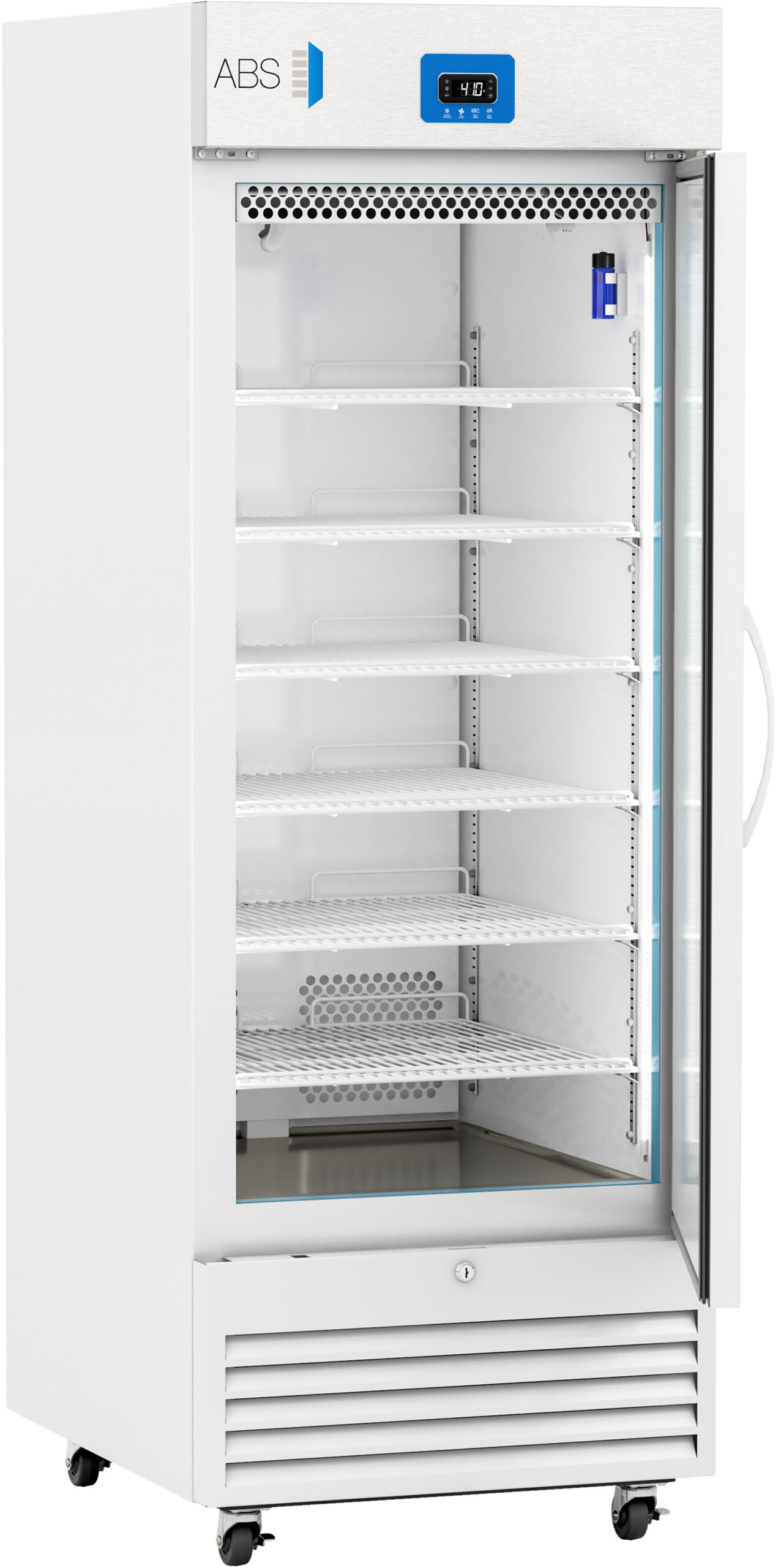 A tall, white medical refrigerator with a glass door is open, revealing seven empty wire shelves inside. The top panel displays a digital temperature reading. The unit is on wheels, has a large handle, and a grated vent at the bottom.