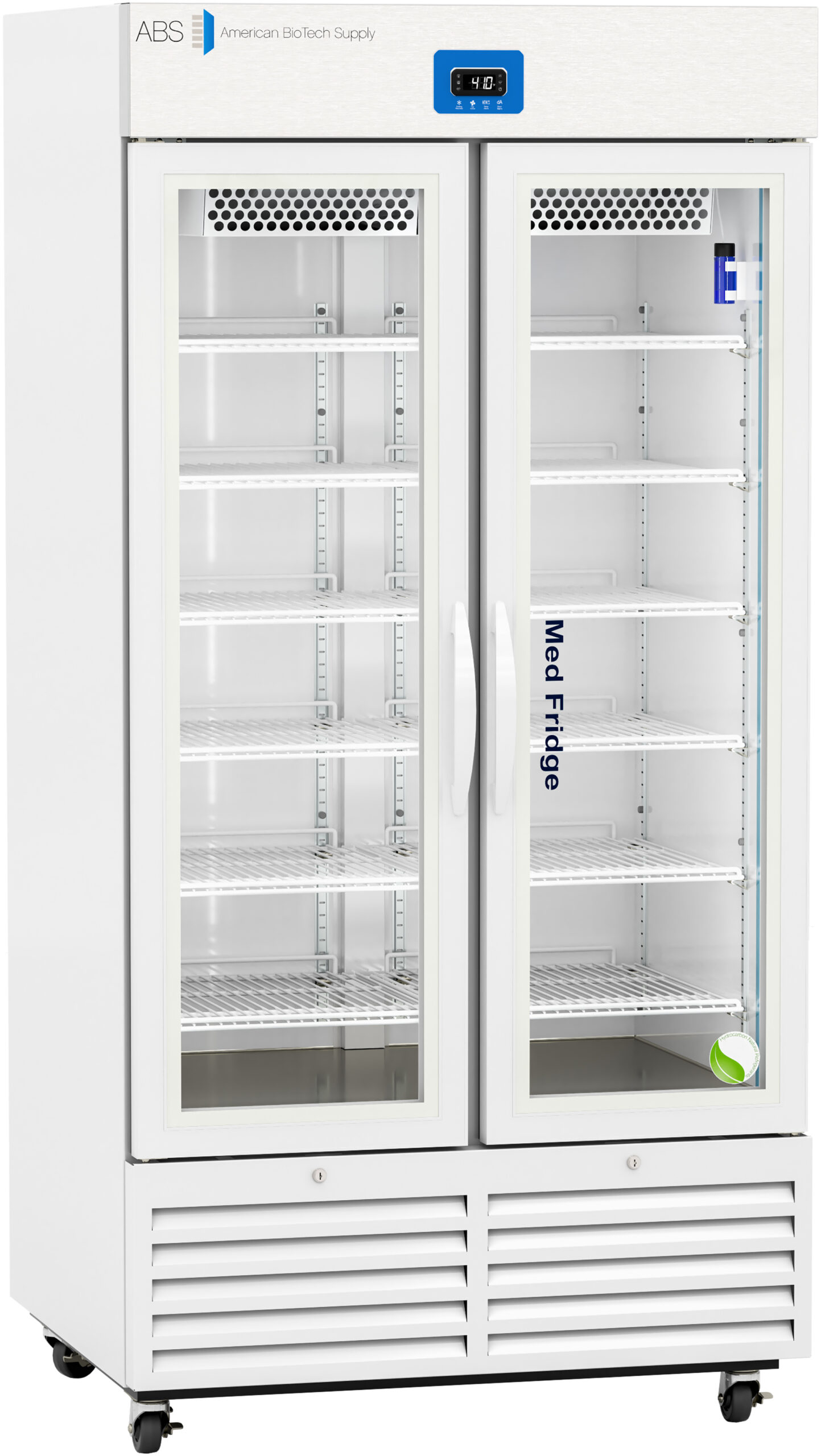 A tall, white medical refrigerator with glass double doors and shelves inside. The display panel shows a digital temperature. The label reads “Med Fridge.” The unit stands on wheels and has ventilation grilles at the bottom. Manufactured by American BioTech Supply.