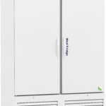 A large, white, double-door medical refrigerator on wheels with a digital temperature display on top. The words Med Fridge are printed vertically on the right door. The vent is located at the bottom front. The overall design is plain and functional.