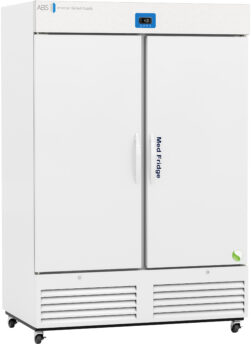 A large, white, double-door medical refrigerator on wheels with a digital temperature display on top. The words Med Fridge are printed vertically on the right door. The vent is located at the bottom front. The overall design is plain and functional.