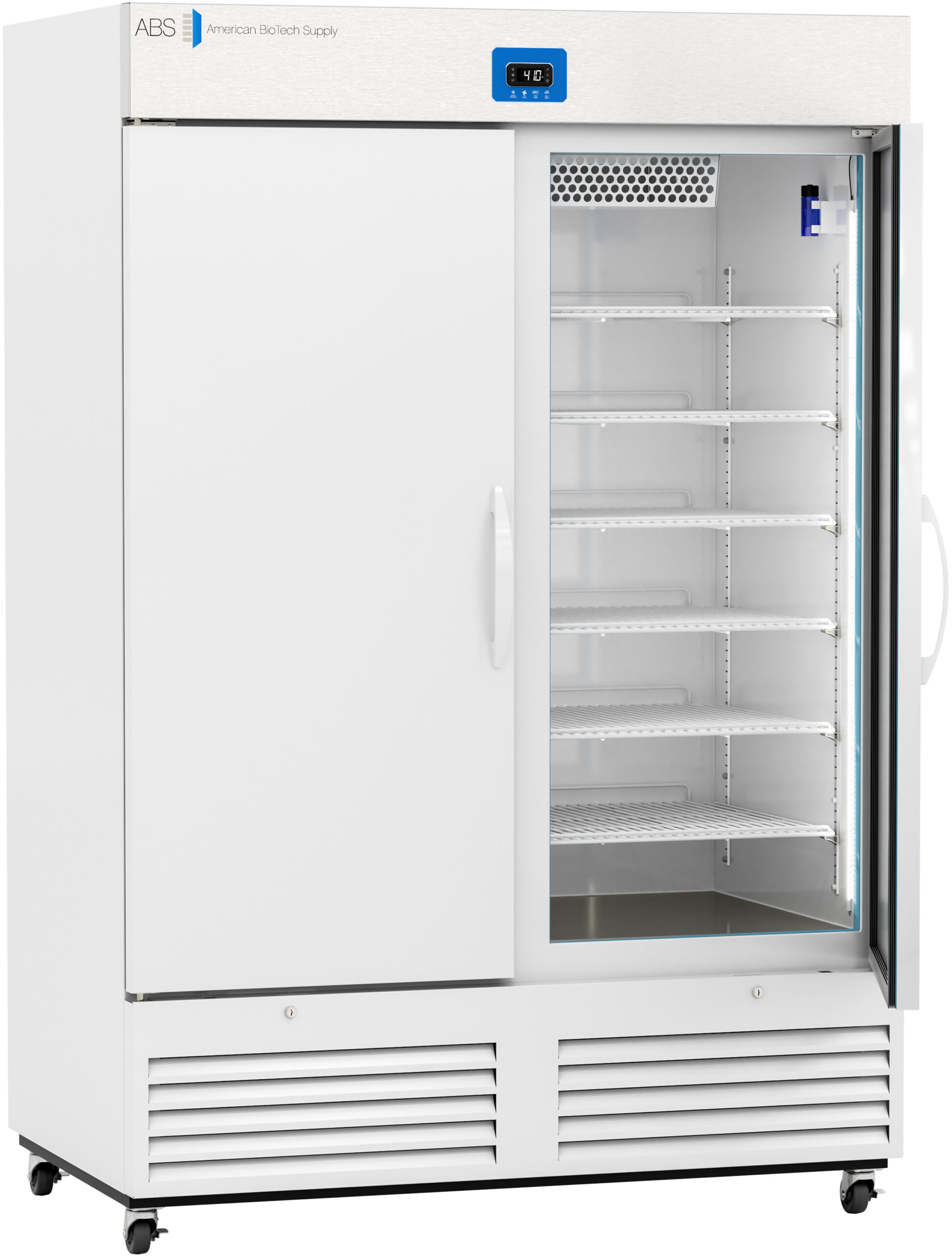 A large white medical refrigerator with a digital temperature display, glass sliding door, and multiple empty wire shelves inside. The refrigerator is on wheels and has a ventilation panel at the bottom. The brand label ABS is on the top left.