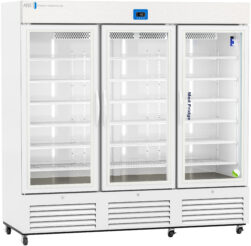 A large, white medical refrigerator with three glass doors, each door has several empty shelves inside. There is a digital temperature display above the middle door, and the unit is on wheels. The text Med Fridge appears on the right door.
