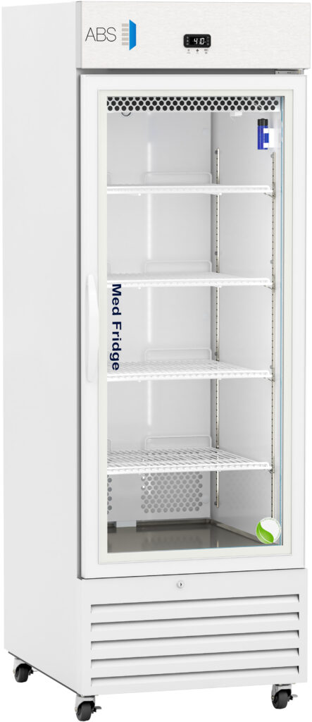 A tall, white, single-door medical refrigerator with a glass front displays five empty wire shelves. The digital temperature display above the door shows 2.0°C. The fridge stands on four small wheels and has ventilation slots at the bottom.