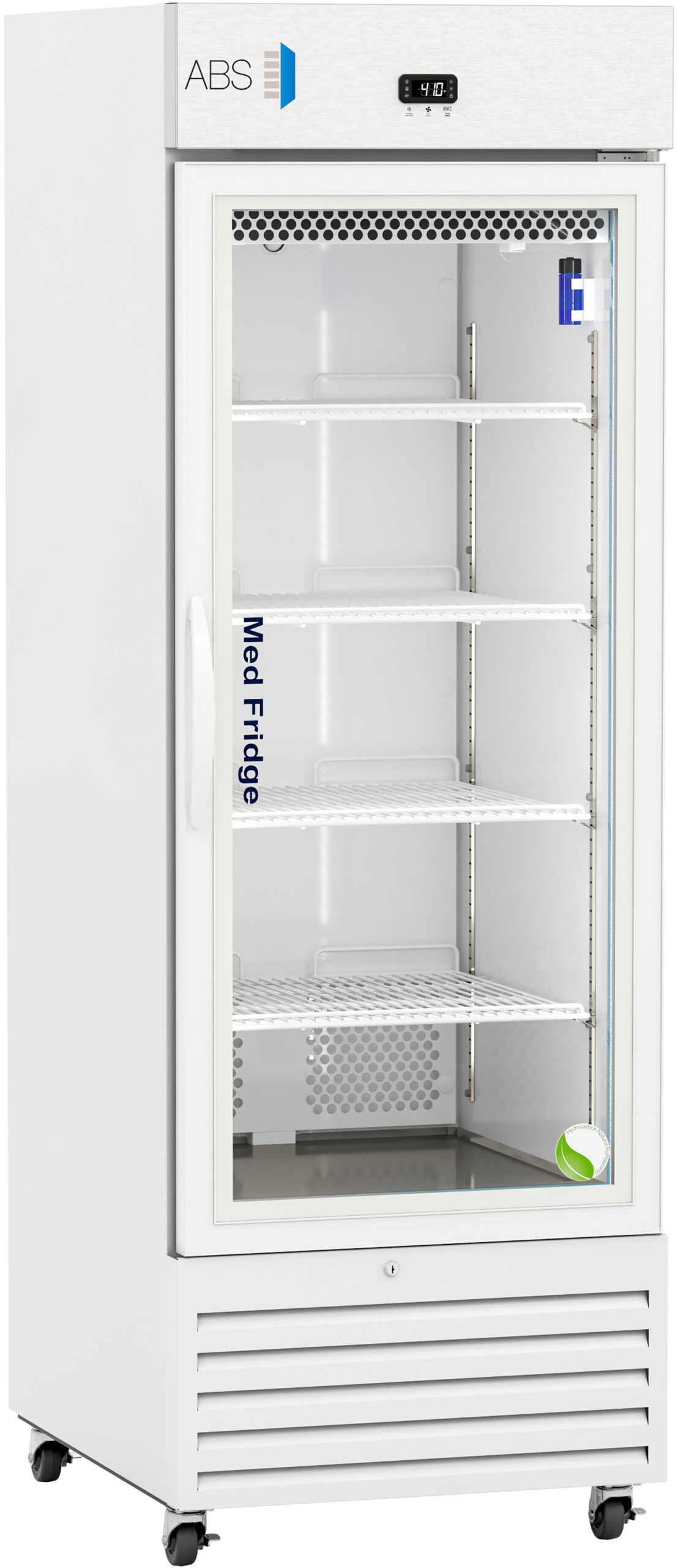 A tall, white, single-door medical refrigerator with a glass front displays five empty wire shelves. The digital temperature display above the door shows 2.0°C. The fridge stands on four small wheels and has ventilation slots at the bottom.