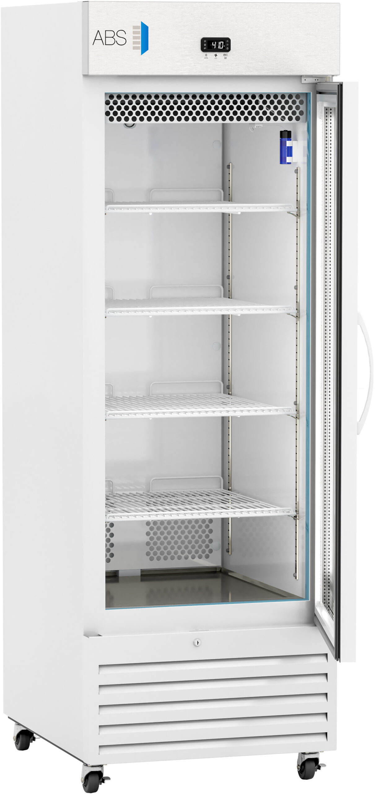 A tall, white laboratory refrigerator with a glass door, four adjustable wire shelves, a digital temperature display at the top, ventilation holes in the back, and wheels at the base. The interior appears well-lit and clean.