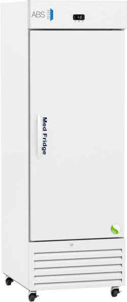 A tall, white laboratory refrigerator with a digital temperature display on top, a vertical handle, and Med-Fridge text on the door. The fridge has vents at the bottom and stands on wheels. The ABS brand logo and a green leaf symbol are visible.