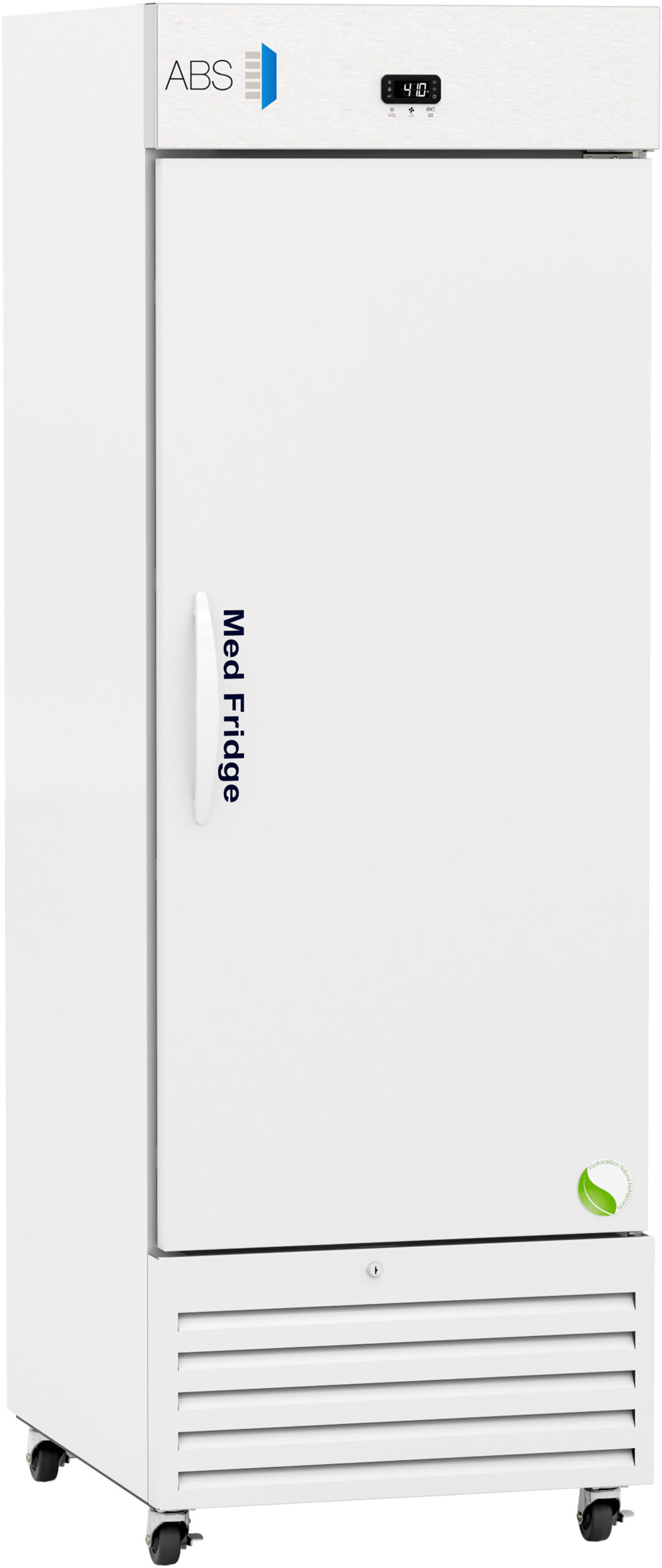 A tall, white laboratory refrigerator with a digital temperature display on top, a vertical handle, and Med-Fridge text on the door. The fridge has vents at the bottom and stands on wheels. The ABS brand logo and a green leaf symbol are visible.