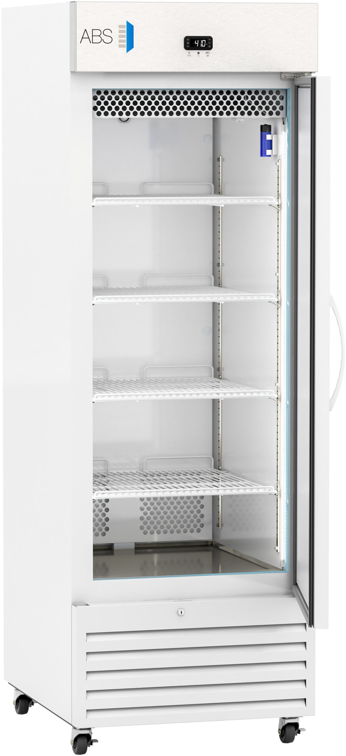 A tall, white medical refrigerator labeled ABS stands on small wheels with a transparent glass door open to reveal five empty wire shelves, a side light, a digital temperature display showing 4°C, and a vented panel at the bottom front.