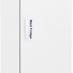 A tall, white medical refrigerator labeled “Medi-Fridge” with a digital temperature display on the top front panel showing 3.4°C, a solid door with a handle, ventilation grilles at the bottom, and four caster wheels for mobility.