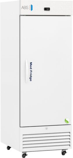 A tall, white medical refrigerator labeled “Medi-Fridge” with a digital temperature display on the top front panel showing 3.4°C, a solid door with a handle, ventilation grilles at the bottom, and four caster wheels for mobility.