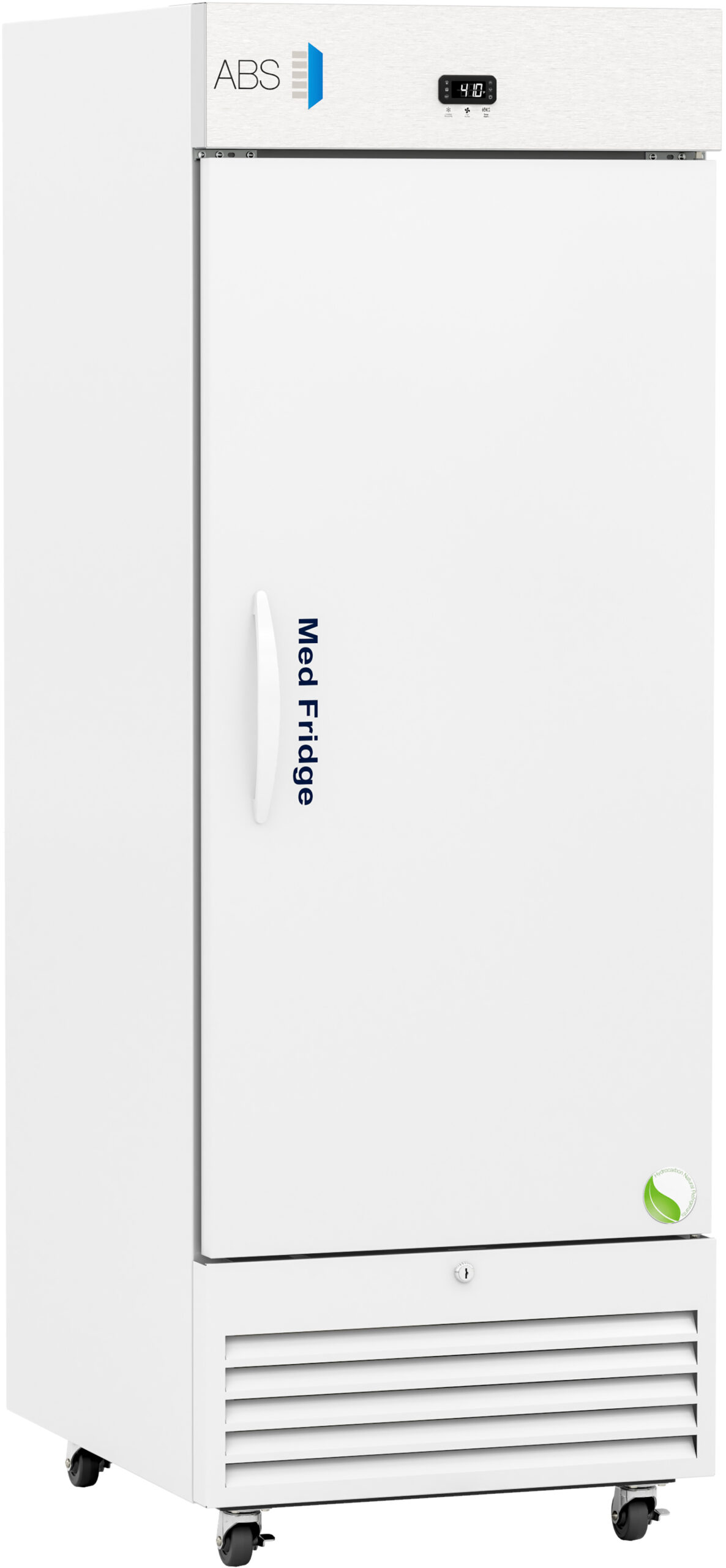 A tall, white medical refrigerator labeled “Medi-Fridge” with a digital temperature display on the top front panel showing 3.4°C, a solid door with a handle, ventilation grilles at the bottom, and four caster wheels for mobility.