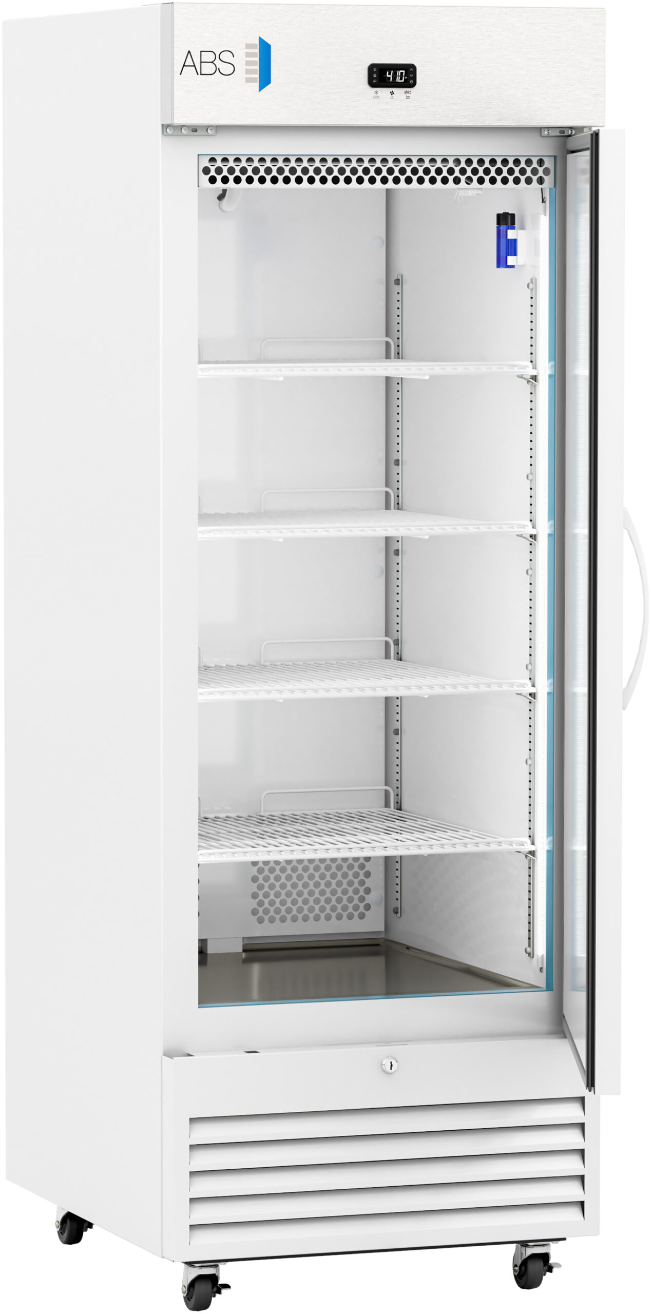 A tall, white, upright laboratory refrigerator with a glass door stands open, showing five empty wire shelves inside. The digital display above the door reads 4.0°C. The unit has a vented base, wheels, and a handle on the glass door.