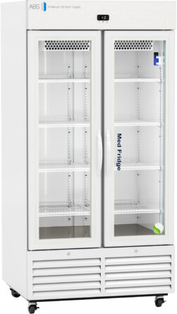 A tall, white, double-door medical refrigerator with glass doors, labeled Med Fridge. It has a digital temperature display at the top, several adjustable wire shelves inside, and ventilation panels at the bottom. The fridge is on wheels.