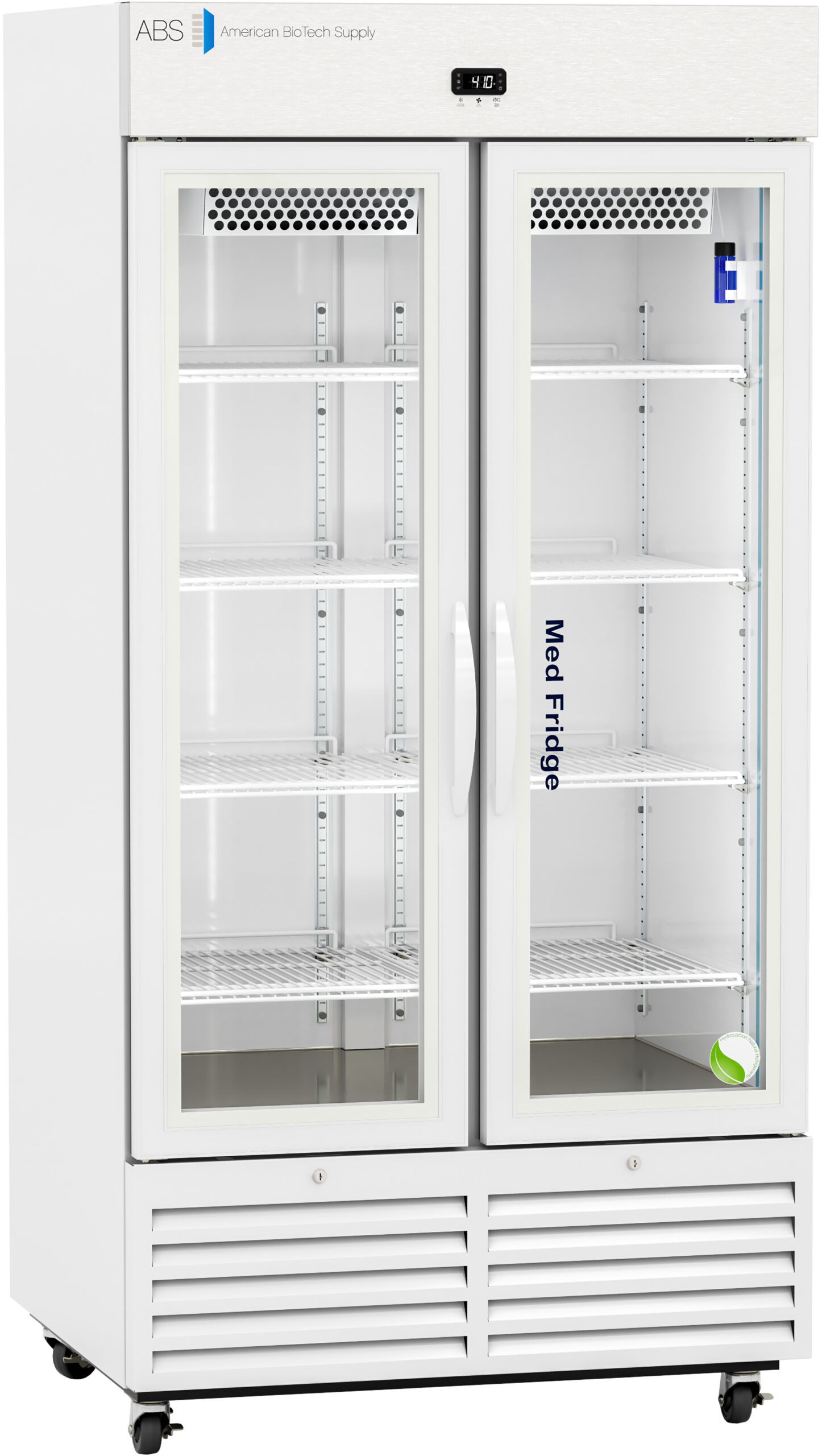 A tall, white, double-door medical refrigerator with glass doors, labeled Med Fridge. It has a digital temperature display at the top, several adjustable wire shelves inside, and ventilation panels at the bottom. The fridge is on wheels.