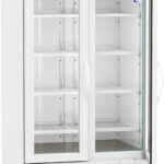 A white, upright laboratory refrigerator with two glass doors, interior shelves, and a digital temperature display at the top. The refrigerator is empty, stands on four wheels, and has “American BioTech Supply” branding on the upper left.