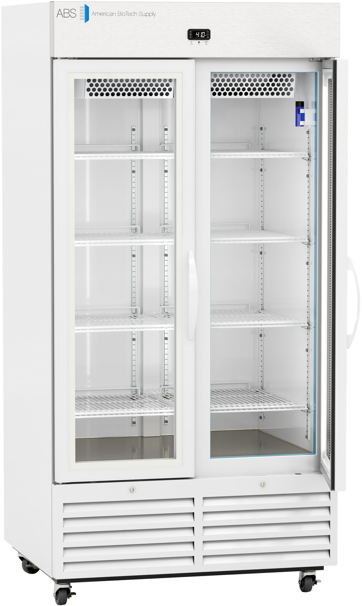 A white, upright laboratory refrigerator with two glass doors, interior shelves, and a digital temperature display at the top. The refrigerator is empty, stands on four wheels, and has “American BioTech Supply” branding on the upper left.