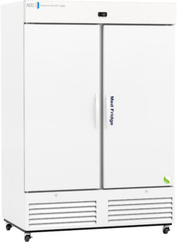 A large white double-door medical refrigerator on wheels with a digital temperature display on top, labeled “Med Fridge.” Vents and a green leaf logo are at the bottom, and the brand “American Biotech Supply” is displayed on the upper left.