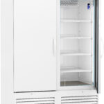A large white industrial refrigerator with a digital display, sliding doors—one solid, one glass—five adjustable shelves, ventilation grilles at the bottom, and caster wheels; labeled “ABS American Biotech Supply” at the top left.