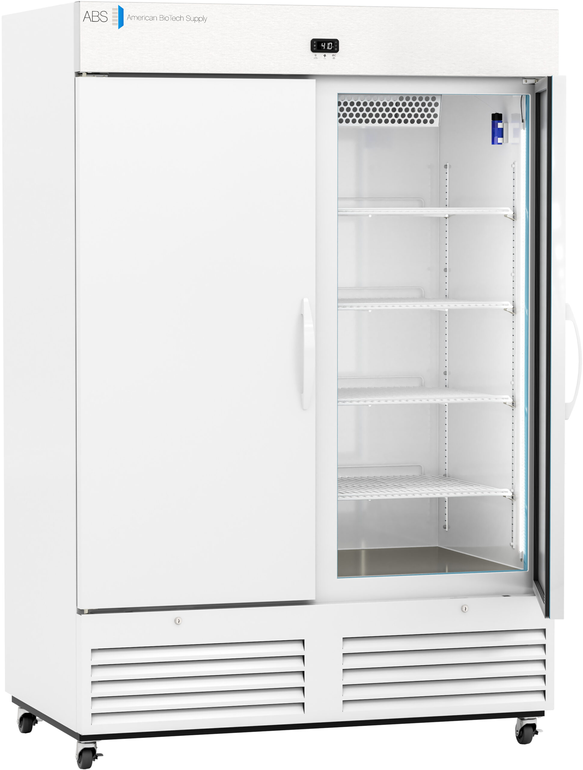 A large white industrial refrigerator with a digital display, sliding doors—one solid, one glass—five adjustable shelves, ventilation grilles at the bottom, and caster wheels; labeled “ABS American Biotech Supply” at the top left.